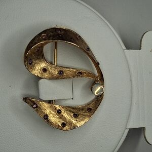 Hobe Gold Tone Amethyst Crystal Stones Moonglow Opalite Brooch Anstract Ribbon